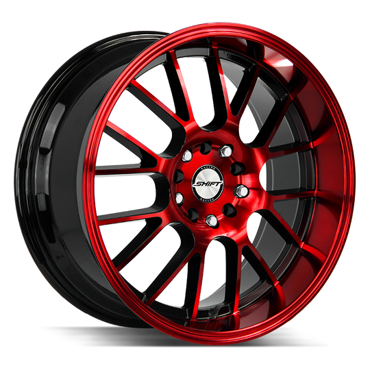 H28850130GBMR - Shift H28 Crank 18X8.5 5X120 / 5X114.3 30mm Gloss Black, Red - Shift H28 Wheels Canada