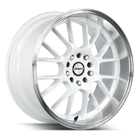 H28850130WP - Shift H28 Crank 18X8.5 5X114.3 / 5X120.65 30mm White Polished Lip - Shift H28 Wheels Canada