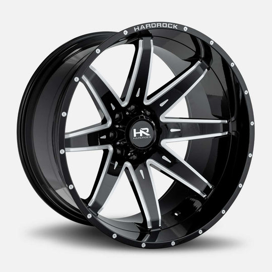 H502-201283144BM - Hardrock H502 20X12 6X139.7 -44mm Gloss Black Milled - Hardrock Wheels Canada
