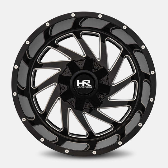 H704-201252144GBM - Hardrock H704 20X12 5X127 / 5X139.7 -44mm Gloss Black Milled - Hardrock Wheels Canada