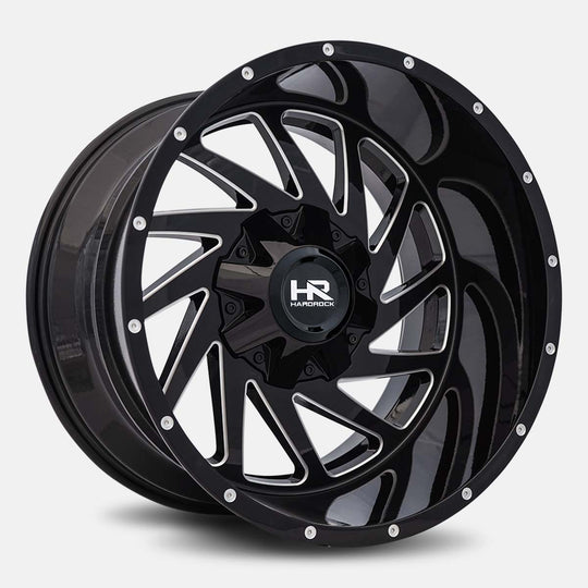 H704-201252144GBM - Hardrock H704 20X12 5X127 / 5X139.7 -44mm Gloss Black Milled - Hardrock Wheels Canada