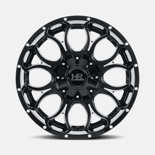 H713-209094020GBM - Hardrock H713 Horseshoe 20X9 6X120 / 6X139.7 20mm Gloss Black Milled - Hardrock Wheels Canada