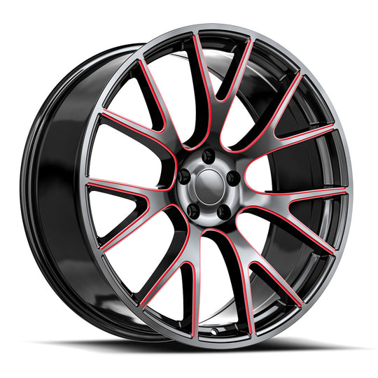 HC1-24105020GBRM - O.E. Revolution HC-1 24X10 6X139.7 20mm Gloss Black & Red Milled - O.E. Revolution Wheels Canada