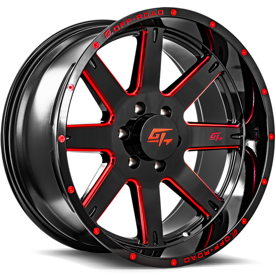 GT12010246135GBMLR2 - GT Offroad Invasion 20X10 6X135 ET -18mm Gloss Black Milled Red - GT Offroad Wheels Canada