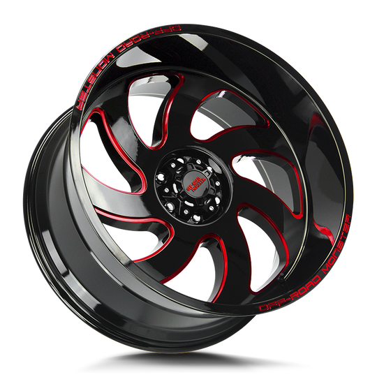 M070527N19GBMLR - Off Road Monster M07 M07 20X10 5X127 -19mm Gloss Black Candy Red Milled - Off Road Monster Wheels Canada