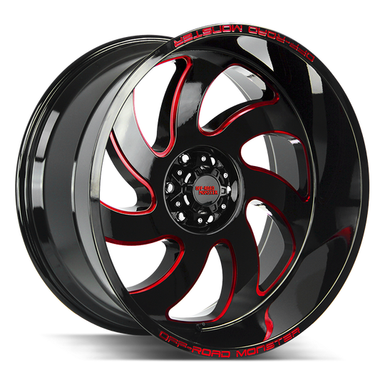 M070635N19GBMLR - Off Road Monster M07 M07 20X10 6X135 -19mm Gloss Black Candy Red Milled - Off Road Monster Wheels Canada