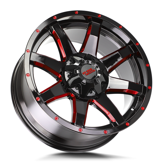 M08052700GBMLR - Off Road Monster M08 M08 20X9 5X127 0mm Gloss Black Candy Red Milled - Off Road Monster Wheels Canada