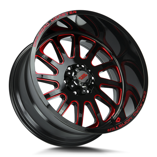 M17752700GBMLR - Off Road Monster M17 M17 17X9 5x127 0mm Gloss Black Candy Red Milled - Off Road Monster Wheels Canada