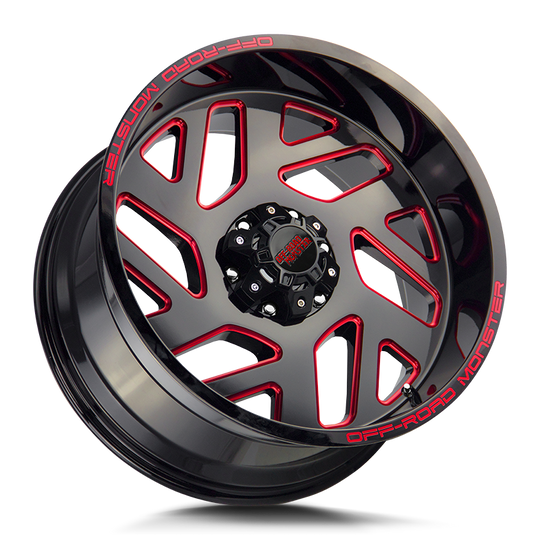 M190527N19GBMLR - Off Road Monster M19 M19 20X10 5X127 -19mm Gloss Black Candy Red Milled - Off Road Monster Wheels Canada