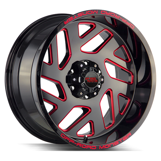 M190635N19GBMLR - Off Road Monster M19 M19 20X10 6X135 -19mm Gloss Black Candy Red Milled - Off Road Monster Wheels Canada