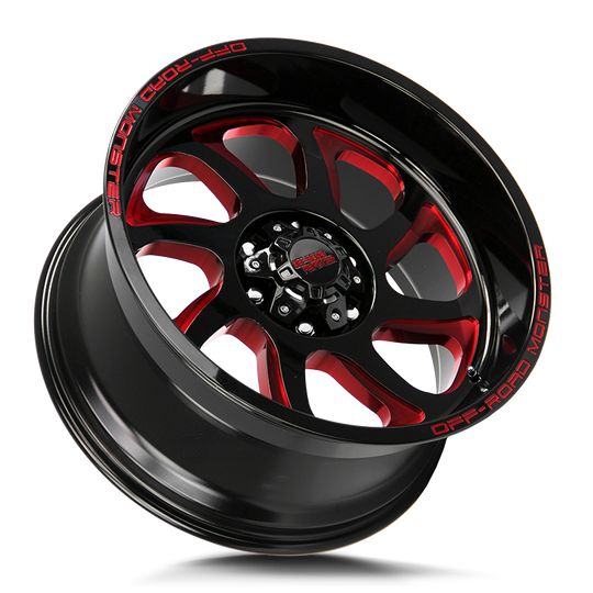 M220527N19GBMLR - Off Road Monster M22 M22 20X10 5X127 -19mm Gloss Black Candy Red Milled - Off Road Monster Wheels Canada