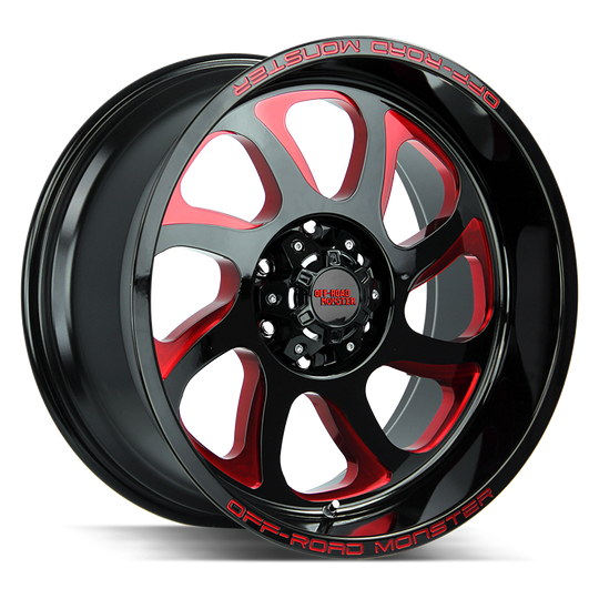 M220639N19GBMLR - Off Road Monster M22 M22 20X10 6X139.7 -19mm Gloss Black Candy Red Milled - Off Road Monster Wheels Canada