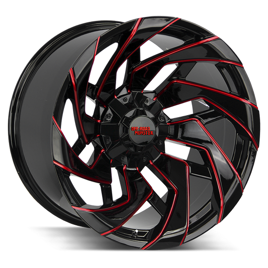 M240607N19GBMLR - Off Road Monster M24 20X10 6X139.7 / 6X135 -19mm Gloss Black, Red - Off Road Monster Wheels Canada