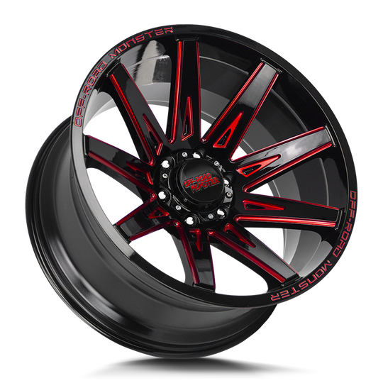 M250000N19GBMLR - Off Road Monster M25 M25 20X10 BLANK -19mm Gloss Black Candy Red Milled - Off Road Monster Wheels Canada