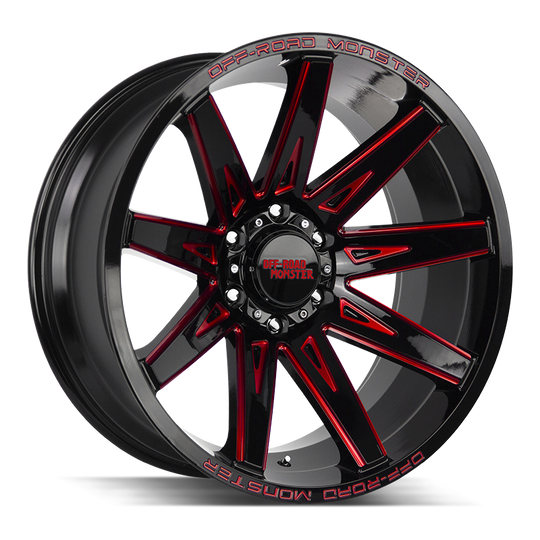 M250000N19GBMLR - Off Road Monster M25 M25 20X10 BLANK -19mm Gloss Black Candy Red Milled - Off Road Monster Wheels Canada