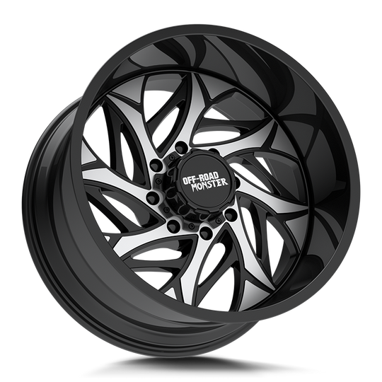 M28212607N44GBM - Off Road Monster M28 22X12 6X139.7 / 6X135 -44mm Gloss Black, Machined - Off Road Monster Wheels Canada