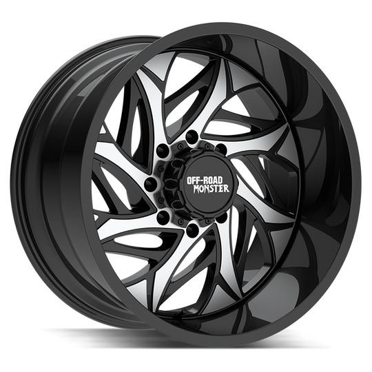 M28212607N44GBM - Off Road Monster M28 22X12 6X139.7 / 6X135 -44mm Gloss Black, Machined - Off Road Monster Wheels Canada