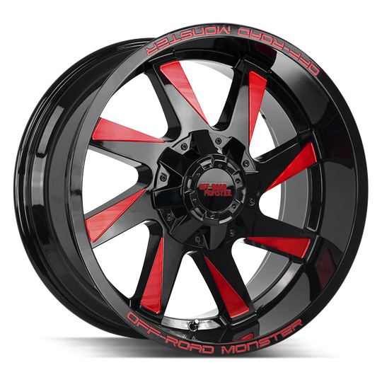 M80012527N44GBMLR - Off Road Monster M80 20X12 5X139.7 / 5X127 -44mm Gloss Black, Red - Off Road Monster Wheels Canada