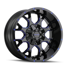 Load image into Gallery viewer, 8015-2937BTB - Mayhem Warrior 20X9 6X135 / 6X139.7 ET 0mm Gloss Black Milled Prism Blue - Mayhem Wheels Canada