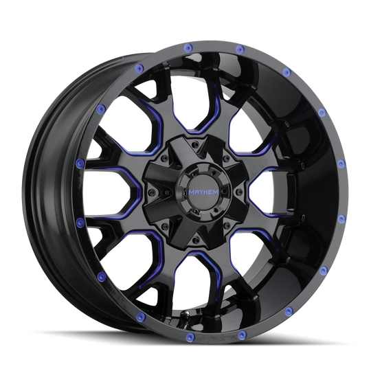 8015-7937BTB - Mayhem Warrior 17X9 6X135 / 6X139.7 ET -12mm Gloss Black Milled Prism Blue - Mayhem Wheels Canada
