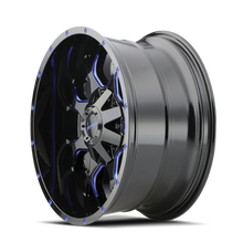 Load image into Gallery viewer, 8015-2937BTB - Mayhem Warrior 20X9 6X135 / 6X139.7 ET 0mm Gloss Black Milled Prism Blue - Mayhem Wheels Canada