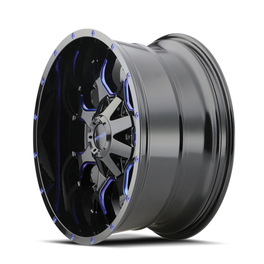 8015-2937BTB - Mayhem Warrior 20X9 6X135 / 6X139.7 ET 0mm Gloss Black Milled Prism Blue - Mayhem Wheels Canada
