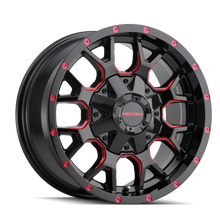 Load image into Gallery viewer, 8015-8952BTR18 - Mayhem Warrior 18X9 5X127 / 5X139.7 ET 18mm Gloss Black Milled Prism Red - Mayhem Wheels Canada