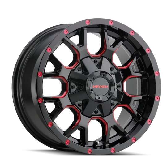 8015-8952BTR18 - Mayhem Warrior 18X9 5X127 / 5X139.7 ET 18mm Gloss Black Milled Prism Red - Mayhem Wheels Canada