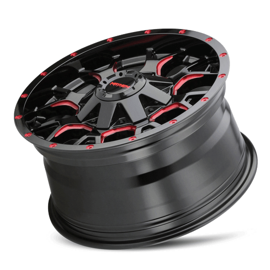 8015-8952BTR18 - Mayhem Warrior 18X9 5X127 / 5X139.7 ET 18mm Gloss Black Milled Prism Red - Mayhem Wheels Canada