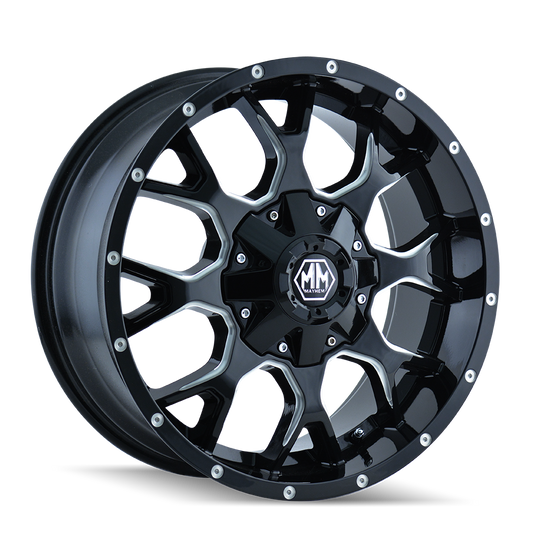 8015-7952M - Mayhem Warrior 17X9 5X127 / 5X139.7 ET -12mm Gloss Black Milled - Mayhem Wheels Canada
