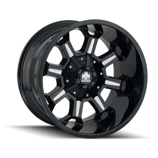 8105-2994M18 - Mayhem Combat 20X9 6X120 / 6X139.7 ET 18mm Gloss Black Milled - Mayhem Wheels Canada