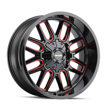 Load image into Gallery viewer, 8107-2997BTR - Mayhem Cogent 20X9 5X139.7 / 5X150 ET 0mm Gloss Black Milled Prism Red - Mayhem Wheels Canada