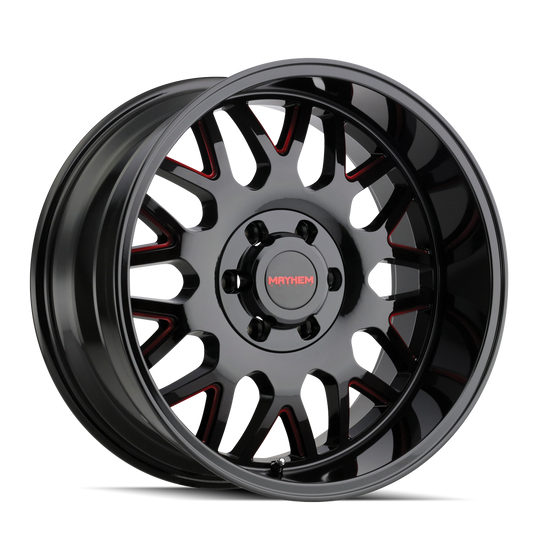 8110-2997BTR - Mayhem Tripwire 20X9 5X139.7 / 5X150 ET 0mm Gloss Black Milled Prism Red - Mayhem Wheels Canada