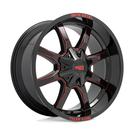 MO970210353C18N - Moto Metal MO970 20X10 5X127 / 5X139.7 -18mm Gloss Black Milled With Red Tint & Moto Metal On Lip - Moto Metal Wheels Canada