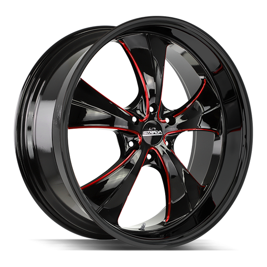 C02400015GBMLRSS - Strada Street Classics C02 Old Skool 24X10 BLANK 15mm Gloss Black Candy Red Milled S - Strada Street Classics Wheels Canada