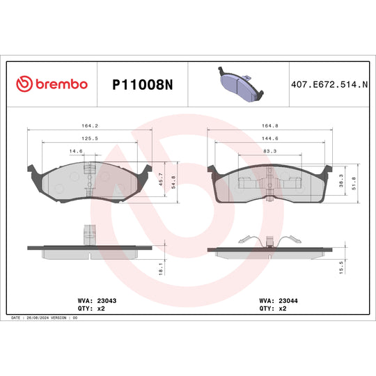 P11008N Brembo PRIME Ceramic Disc Brake Pad Set Brembo Brake Canada