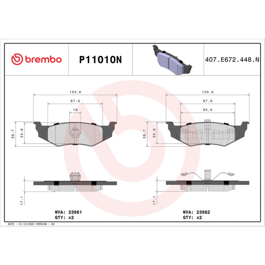 P11010N Brembo PRIME Ceramic Disc Brake Pad Set Brembo Brake Canada