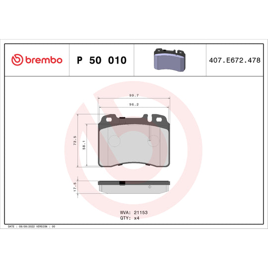 P50010 Brembo Premium Low-Met OE Equivalent Pad Brembo Brake Canada