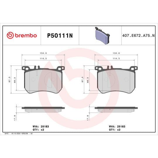 P50111N Brembo PRIME Ceramic Disc Brake Pad Set Brembo Brake Canada