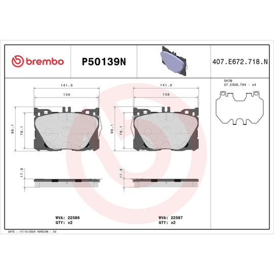 P50139N Brembo PRIME Ceramic Disc Brake Pad Set Brembo Brake Canada