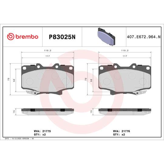 P83025N Brembo PRIME Ceramic Disc Brake Pad Set Brembo Brake Canada