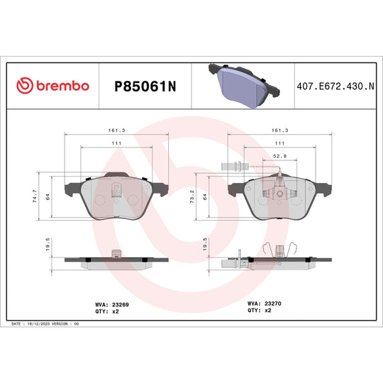 P85061N Brembo PRIME Ceramic Disc Brake Pad Set Brembo Brake Canada