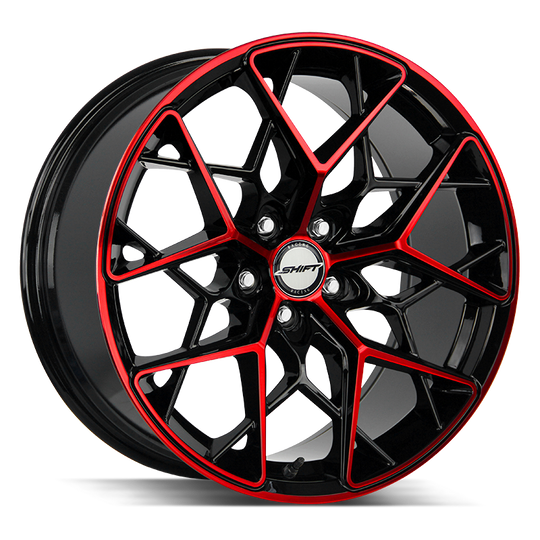 H35850835GBMR - Shift H35 Piston 18X8.5 5X108 35mm Gloss Black Candy Red Machine - Shift Wheels Canada