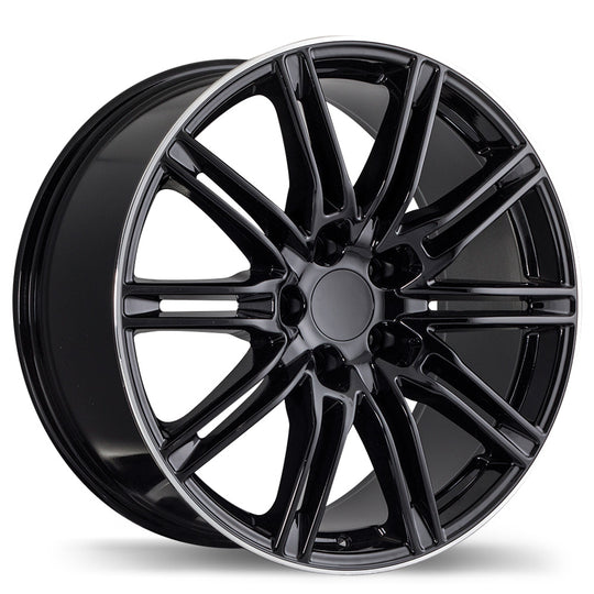 R158-2095-53BP+50R715 - Replika R158 20X9.5 5X130 50mm Gloss Black with Machined Lip - Replika Wheels Canada