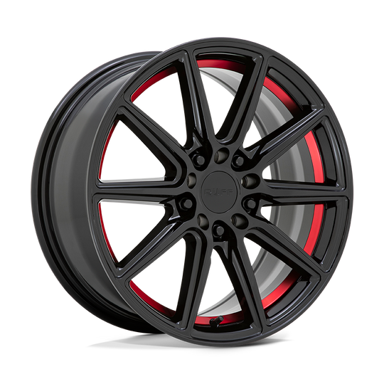 1880RDT385D84R72 - Ruff Throttle 18X8 5X114.3 / 5X108 38mm Gloss Black W/ Machined Red Inner Lip - Ruff Wheels Canada