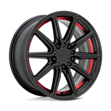 Load image into Gallery viewer, 1880RDT385D04R72 - Ruff Throttle 18X8 5X100 5X114.3 38mm Gloss Black W/ Machined Red Inner Lip - Ruff Wheels Canada