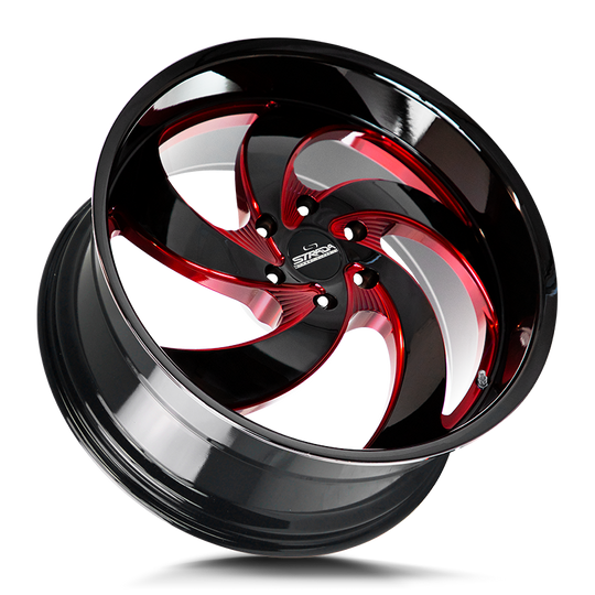 C05051435GBMLR - Strada Street Classics C05 Retro 5 20X8.5 5X114.3 35mm Gloss Black Candy Red Milled - Strada Street Classics Wheels Canada