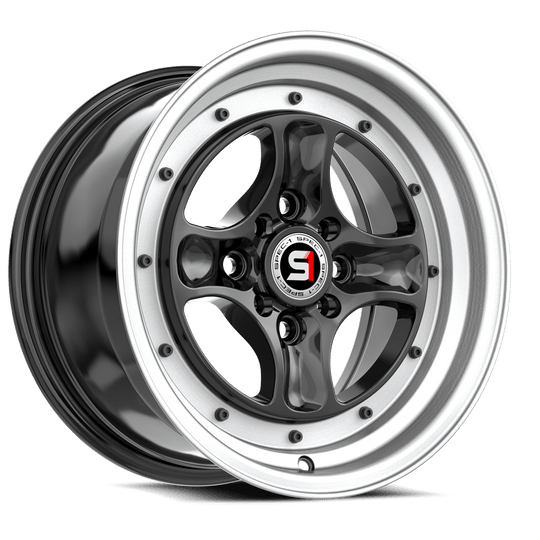 SPT-35158925BML - Spec-1 SPT-35 15X8 4X100 25mm Gloss Black & Machined Lip - Spec-1 Wheels Canada