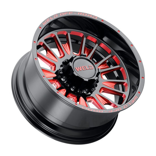 W12200018601 - WELD Off-Road Scorch 20X10 8X180 +13mm Gloss Black Milled Red - WELD Off-Road Wheels Canada