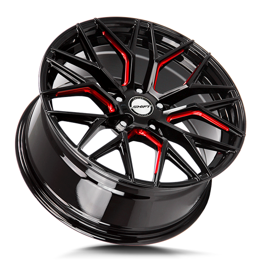 H33851235GBMLR - Shift H33 Spring 18X8 5x112 35mm Gloss Black Candy Red Milled - Shift Wheels Canada